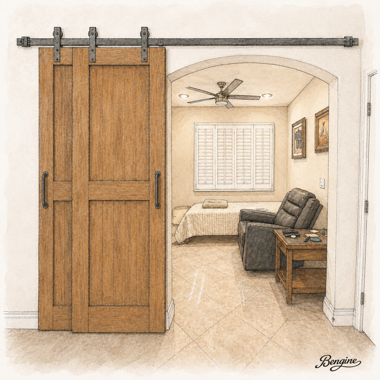 Bypass barn door system concept render, master bedroom