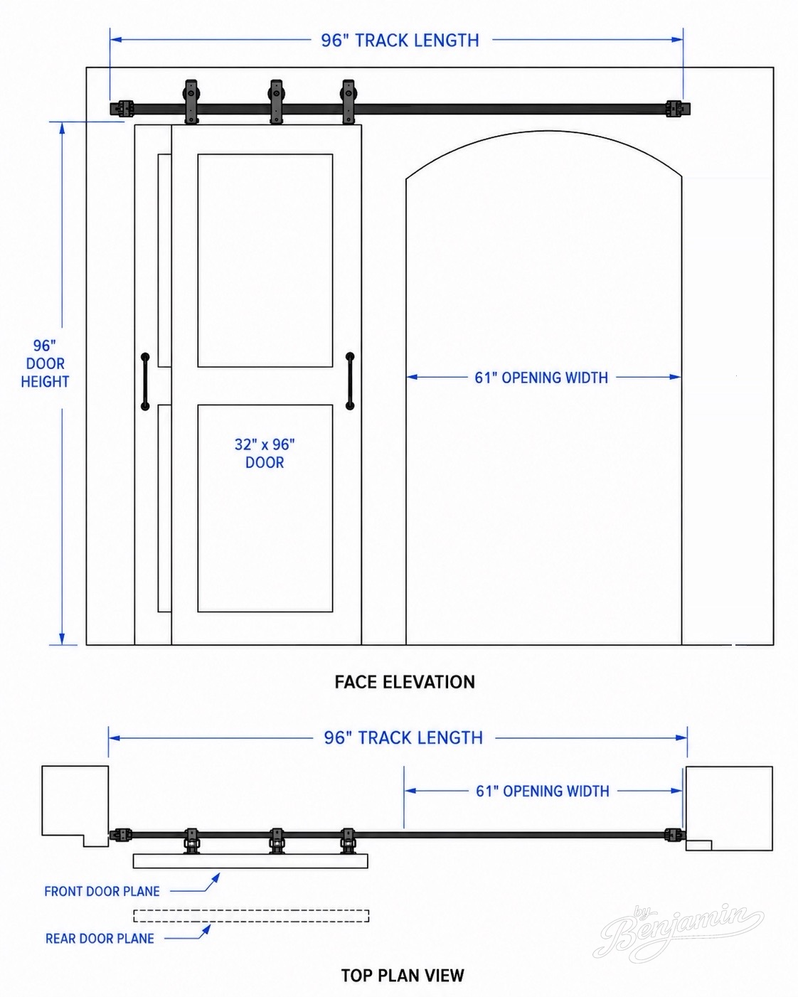 Bypass barn door elevation and plan, 96-inch track, 61-inch opening