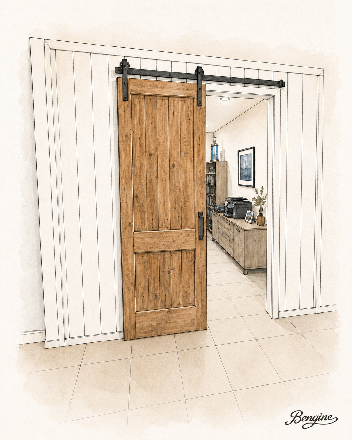 Single slab barn door concept render, home office