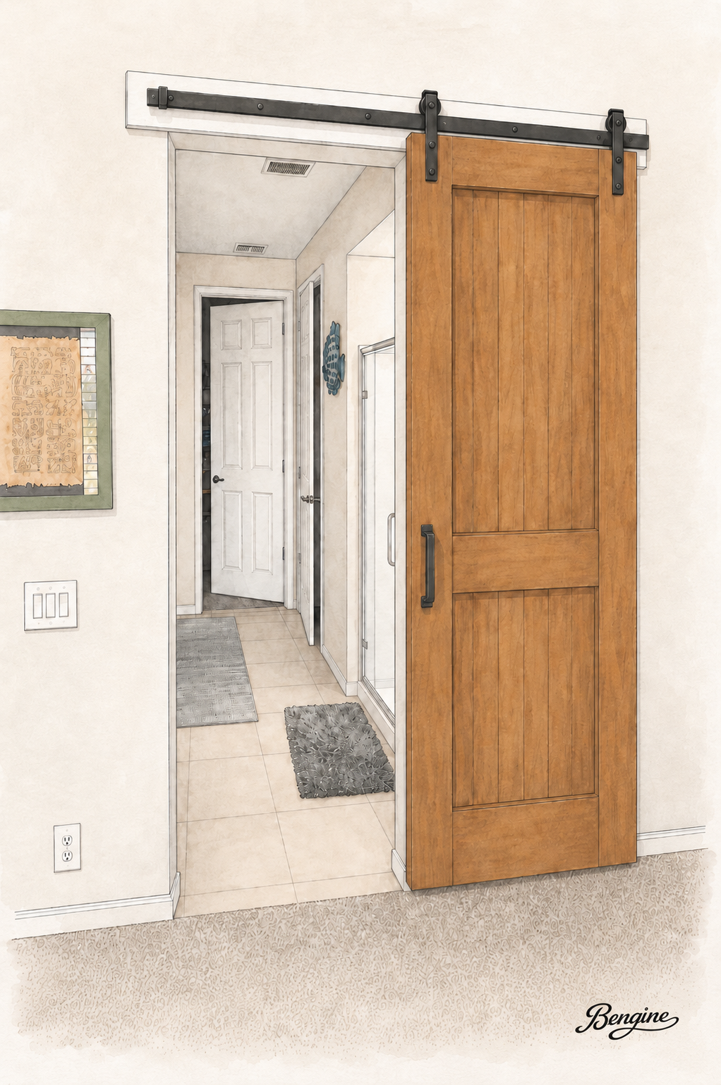 Single slab barn door concept render, hallway and bath
