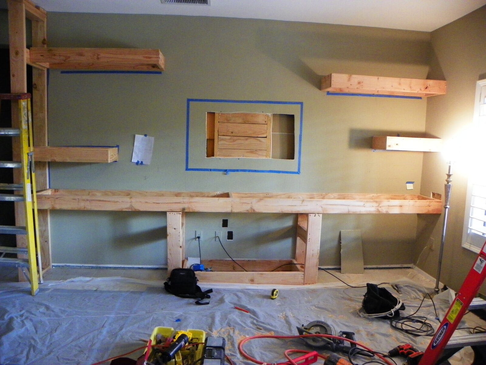 Floating shelf framing in progress