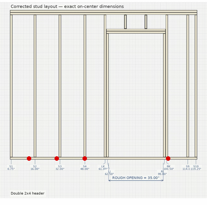 Corrected stud layout with on-center dimensions and rough opening